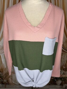 entro Pink, Olive & White Colorblock V-Neck Waffle Knit Sweater